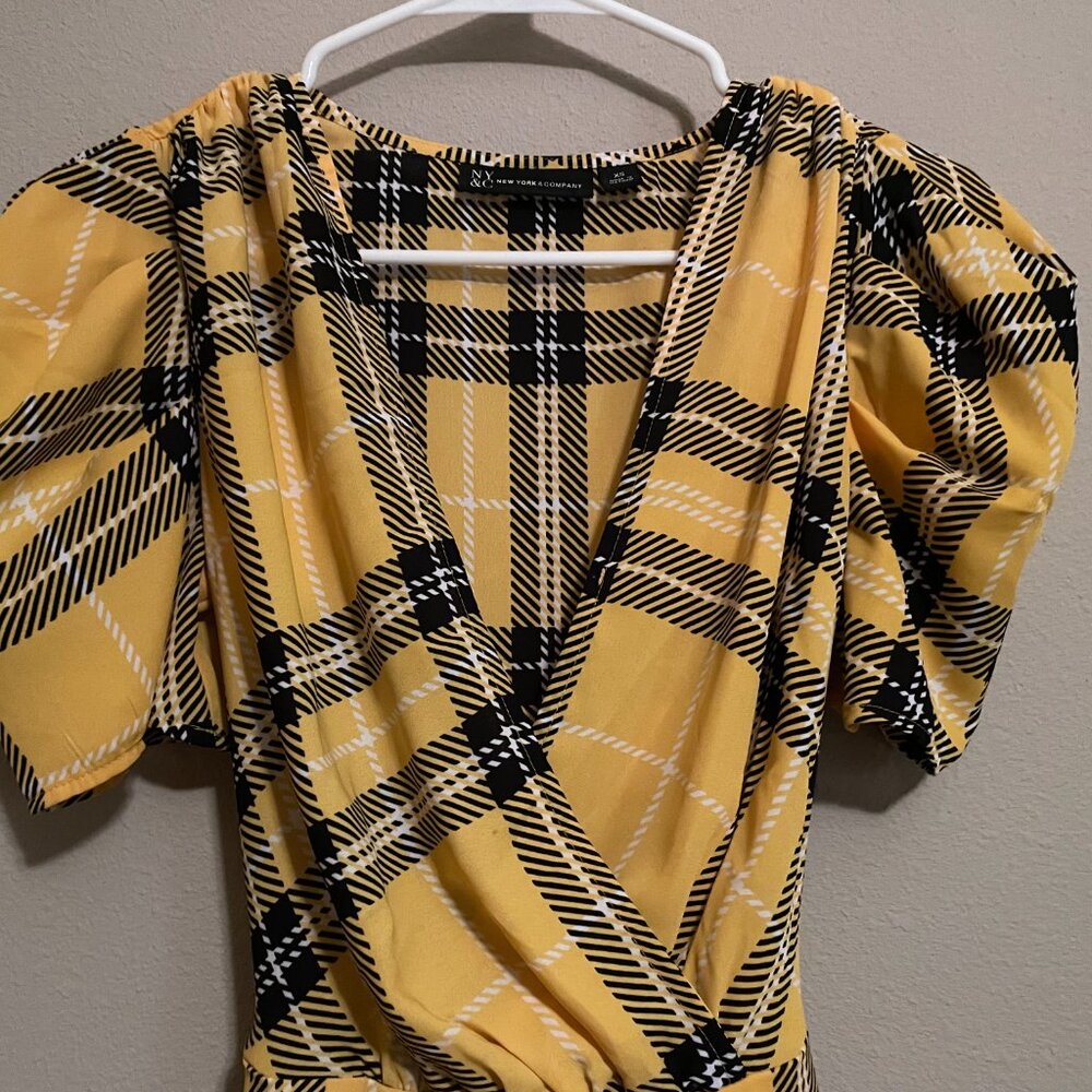 XS New York and Company yellow and black plaid high low puff shoulder top. - Picture 3 of 8